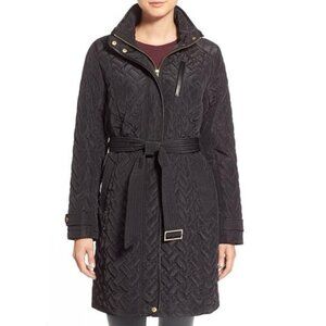 Cole Haan Black Signature Quilt Belted Coat With Lambskin Trim, Size Small